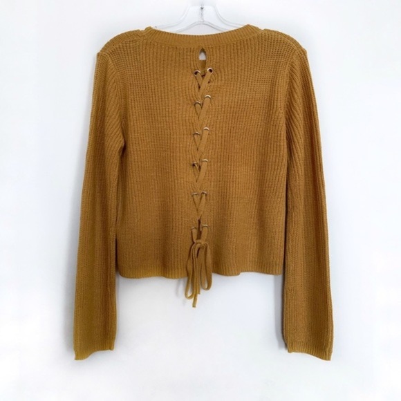 BOUTIQUE BACK LACE-UP RAGLAN LONG SLEEVE LOW-GAUGE MUSTARD SWEATER SIZE L - Picture 3 of 6